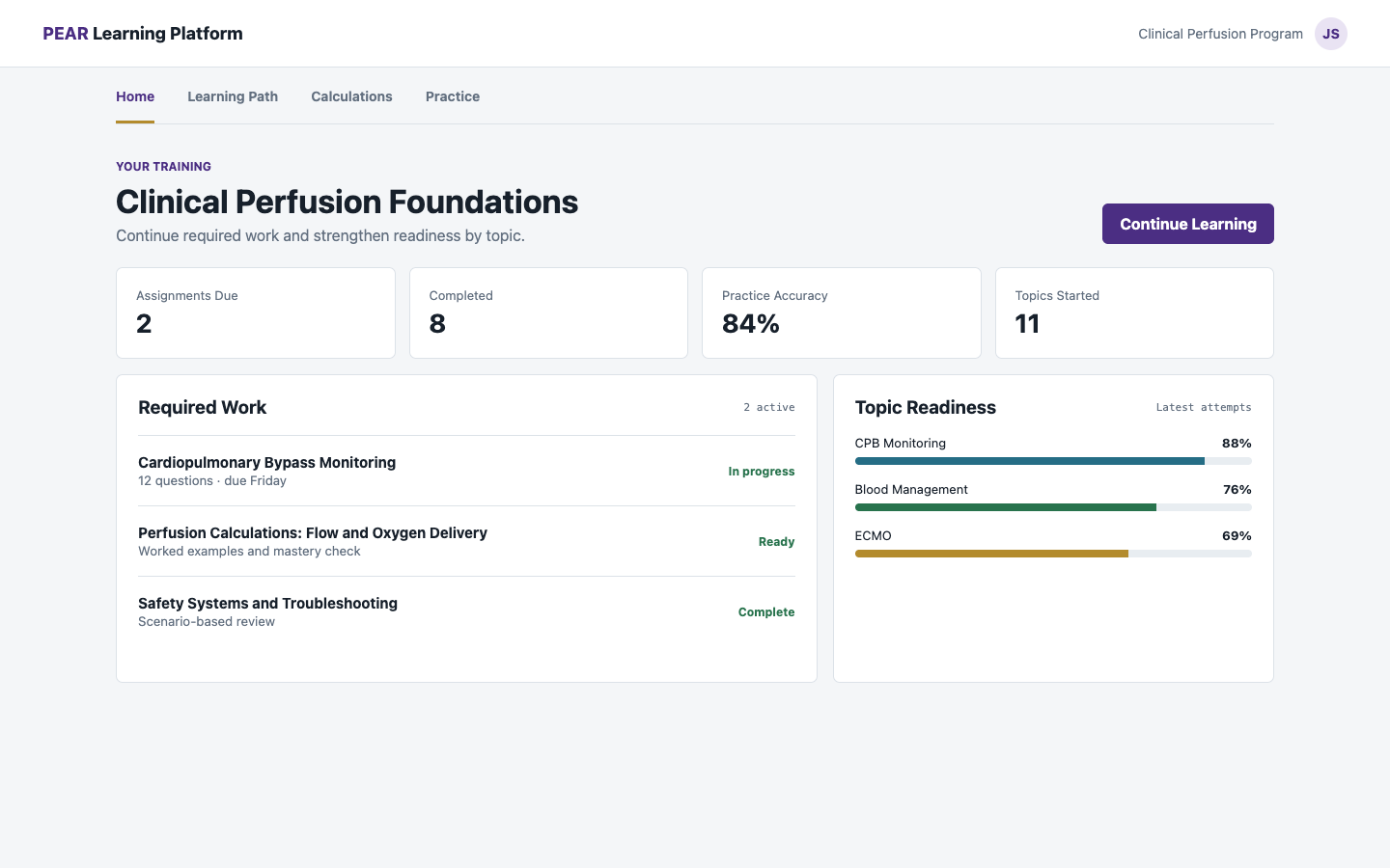 PEAR student dashboard showing assignments, calculations, practice accuracy, and topic readiness